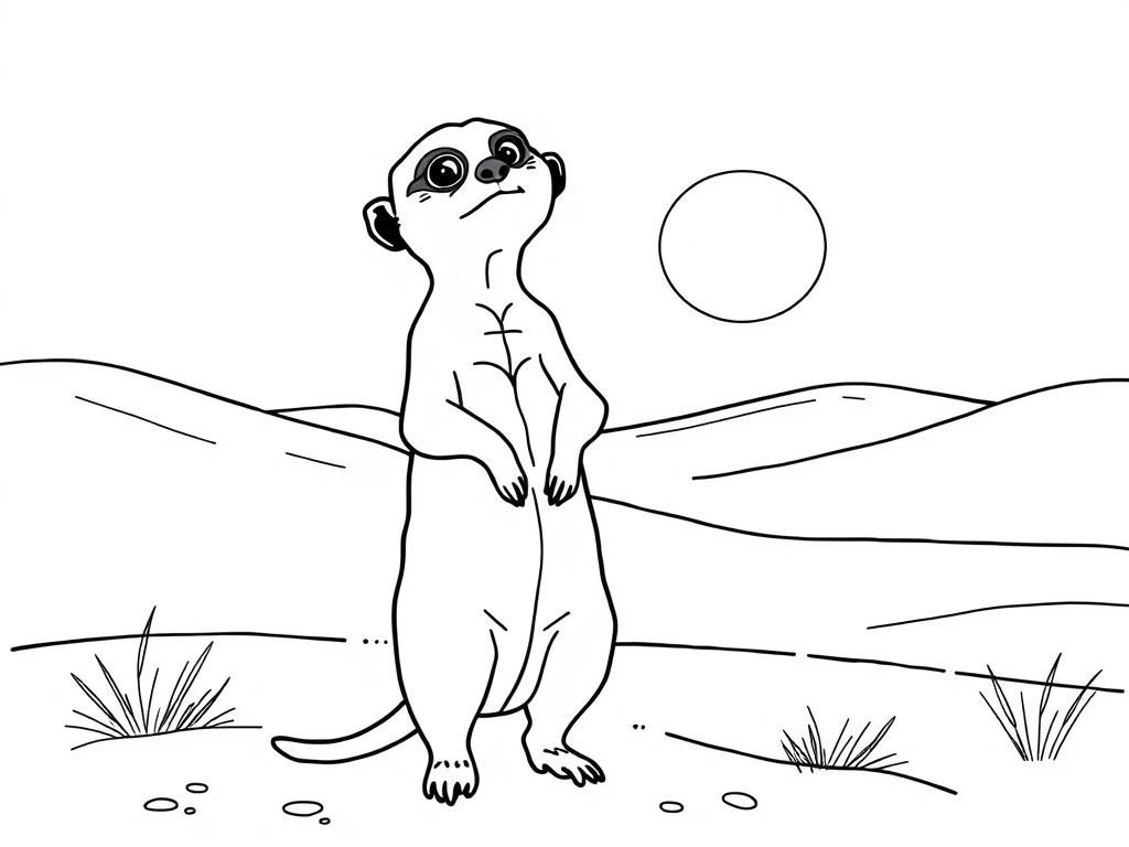 "A curious meerkat standing on its hind legs. Background: a soft pastel desert with sand dunes and a glowing sun." - Free Printable Coloring Page