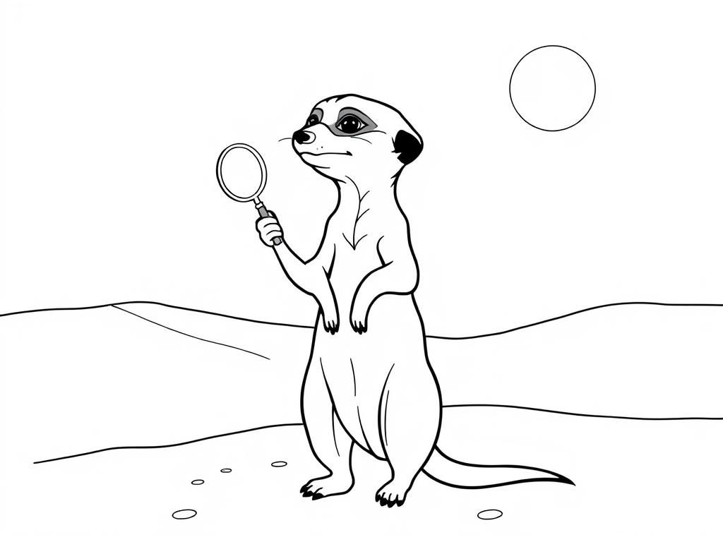 "A curious meerkat standing on its hind legs, holding a tiny magnifying glass. Background: a soft pastel desert with sand dunes and a glowing sun." - Free Printable Coloring Page