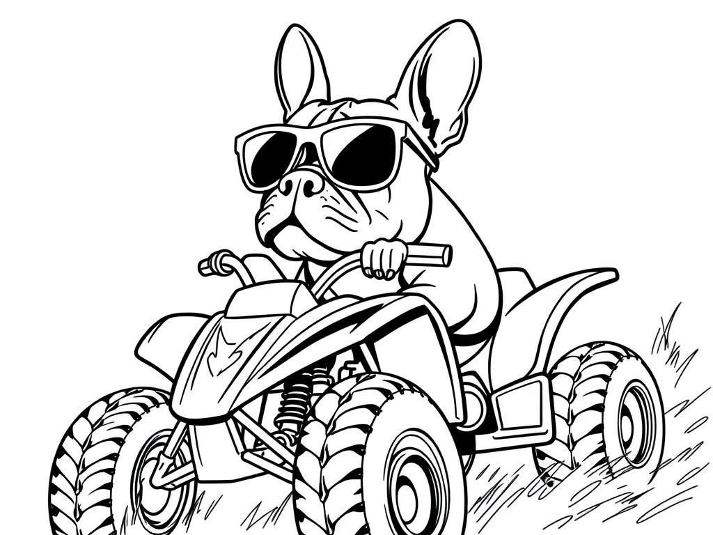 A cute but funny french bull wearing sun glasses and riding an ATV. - Free Printable Coloring Page
