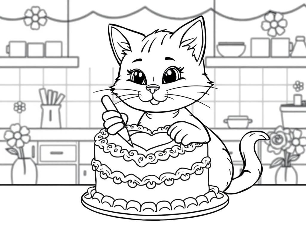 A cute cat icing and decorating a heart shaped cake with frilly piping in a kitchen with flowery decorations - Free Printable Coloring Page