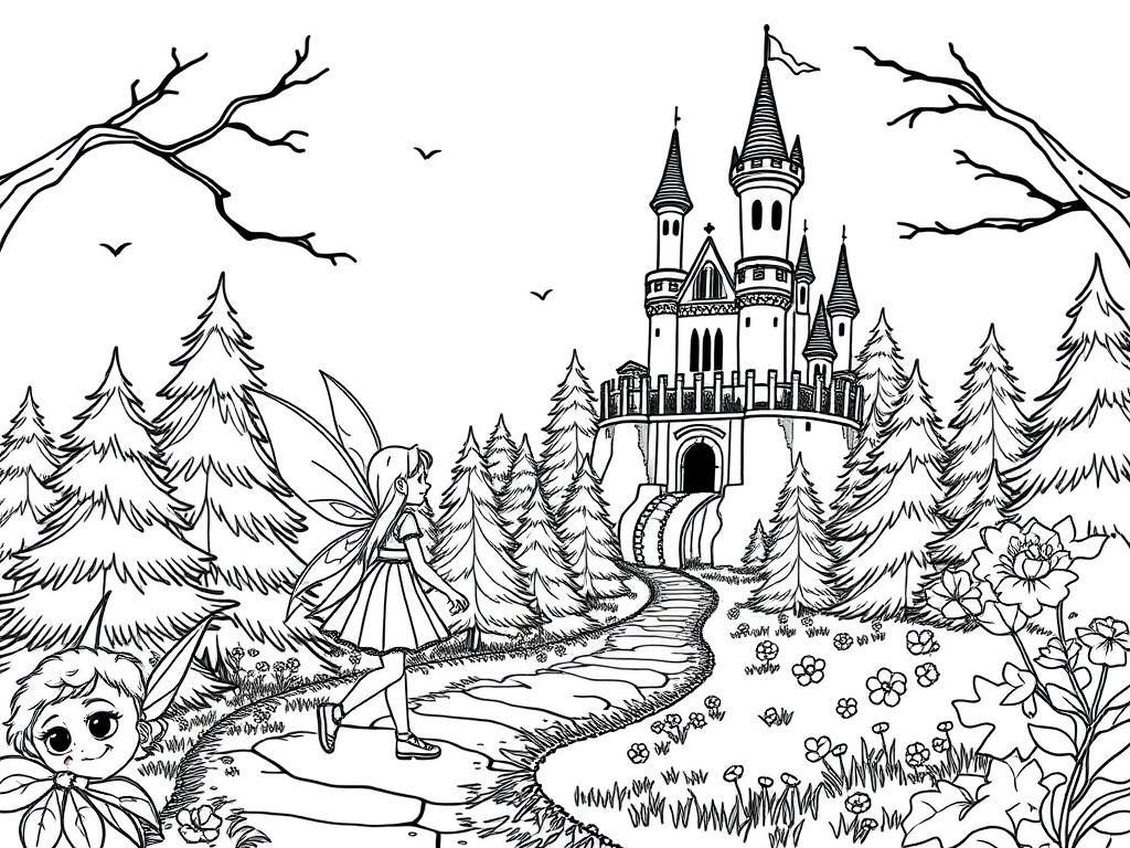 Fairy Girl Approaches Castle Coloring Page