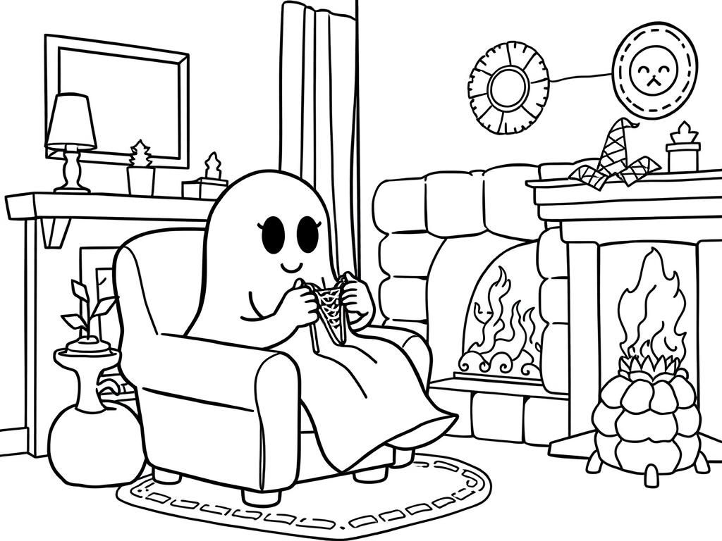 a cute ghost sitting on a chair, crocheting in a living room, by the fireplace - Free Printable Coloring Page