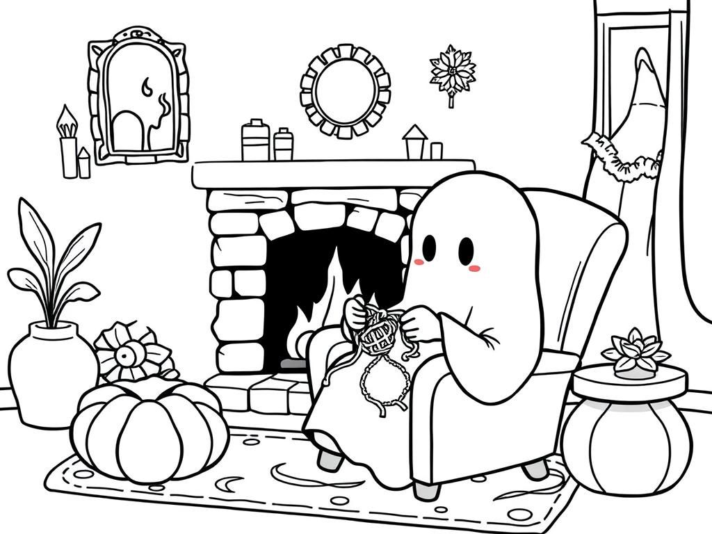 a cute ghost sitting on a chair, crocheting in a living room, by the fireplace - Free Printable Coloring Page