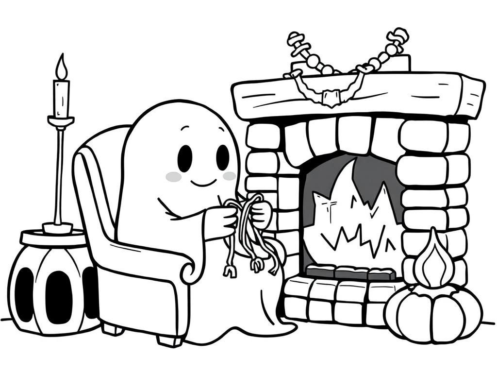 a cute ghost sitting on a chair, crocheting near the fireplace - Free Printable Coloring Page