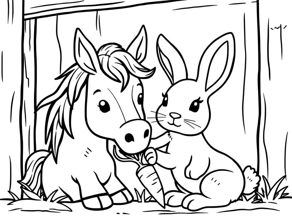 Horse and Bunny Friendship Coloring Page