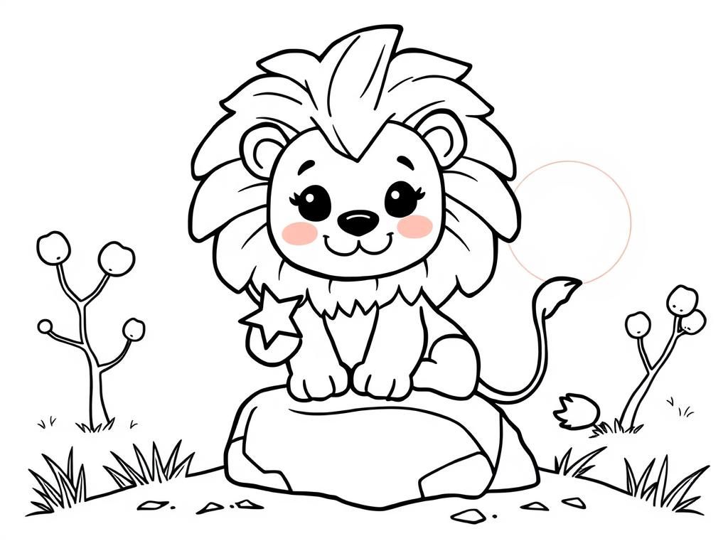 "A cute kawaii-style lion with a fluffy mane, holding a tiny star, sitting on a rock. Background: a soft pastel savanna with acacia trees and a glowing sunset." - Free Printable Coloring Page