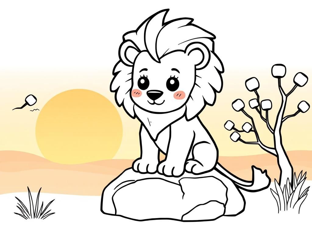 "A cute kawaii-style lion with a fluffy mane, sitting on a rock. Background: a soft pastel savanna with acacia trees and a glowing sunset." - Free Printable Coloring Page