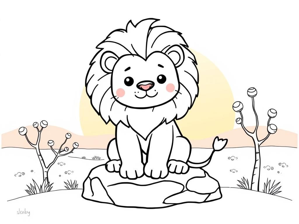 "A cute kawaii-style lion with a fluffy mane, sitting on a rock. Background: a soft pastel savanna with acacia trees and a glowing sunset." - Free Printable Coloring Page