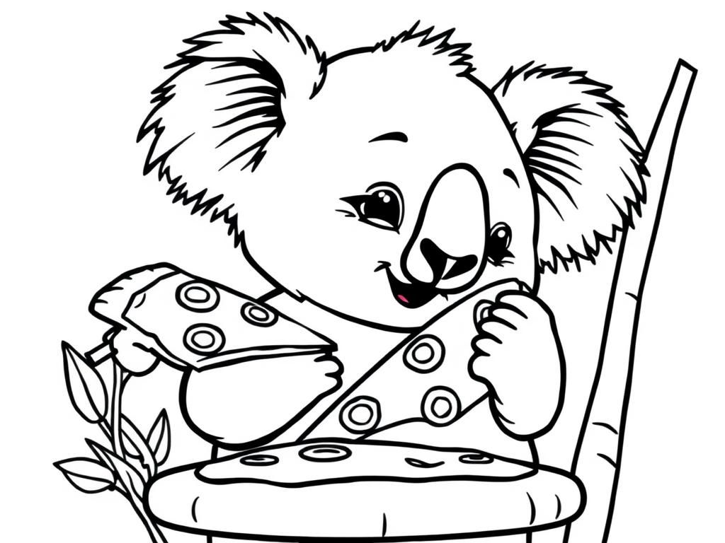 a cute koala eating pizza - Free Printable Coloring Page