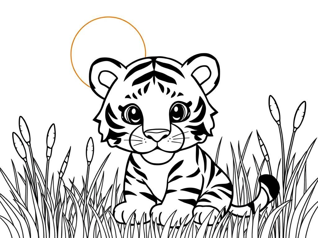 "A cute tiger , . Background: a warm savanna with tall grass and a glowing sun." - Free Printable Coloring Page