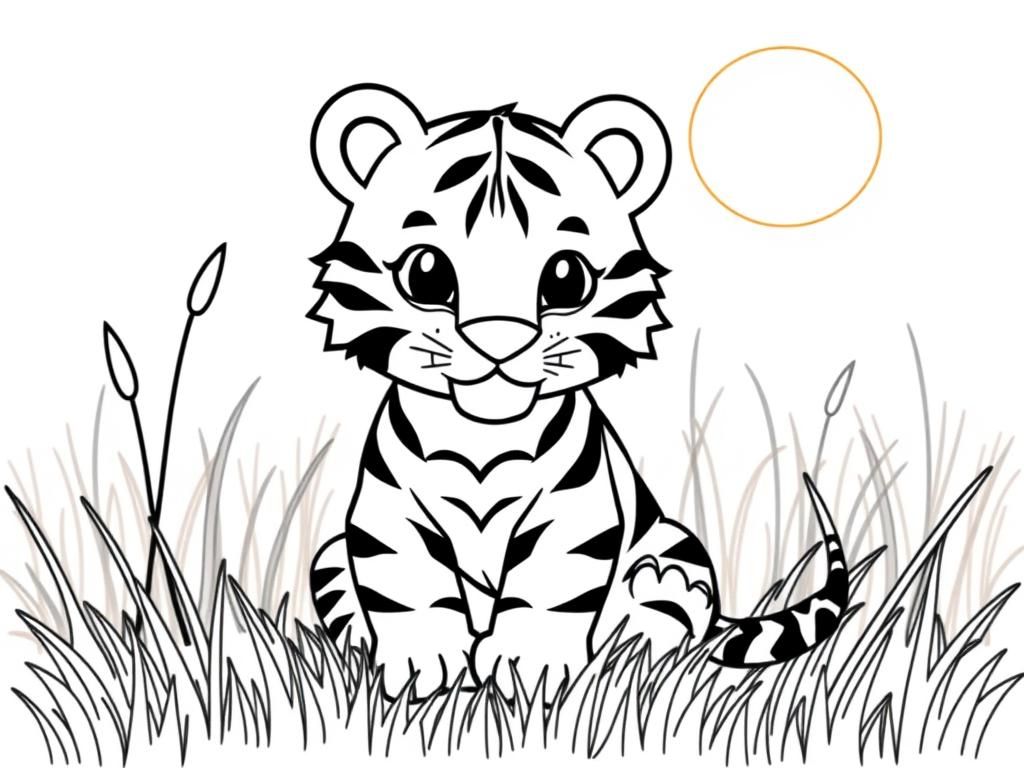 "A cute tiger , sitting in the grass. Background: a warm savanna with tall grass and a glowing sun." - Free Printable Coloring Page