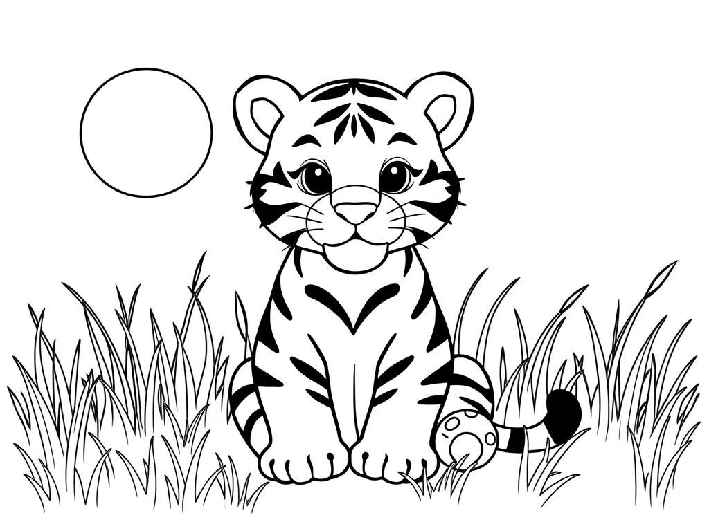 "A cute tiger , sitting in the grass. Background: a warm savanna with tall grass and a glowing sun." - Free Printable Coloring Page