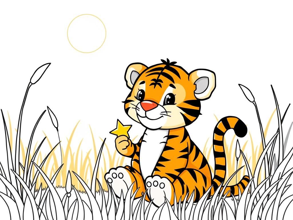 "A cute tiger with orange and black stripes, holding a tiny star, sitting in the grass. Background: a warm savanna with tall grass and a glowing sun." - Free Printable Coloring Page