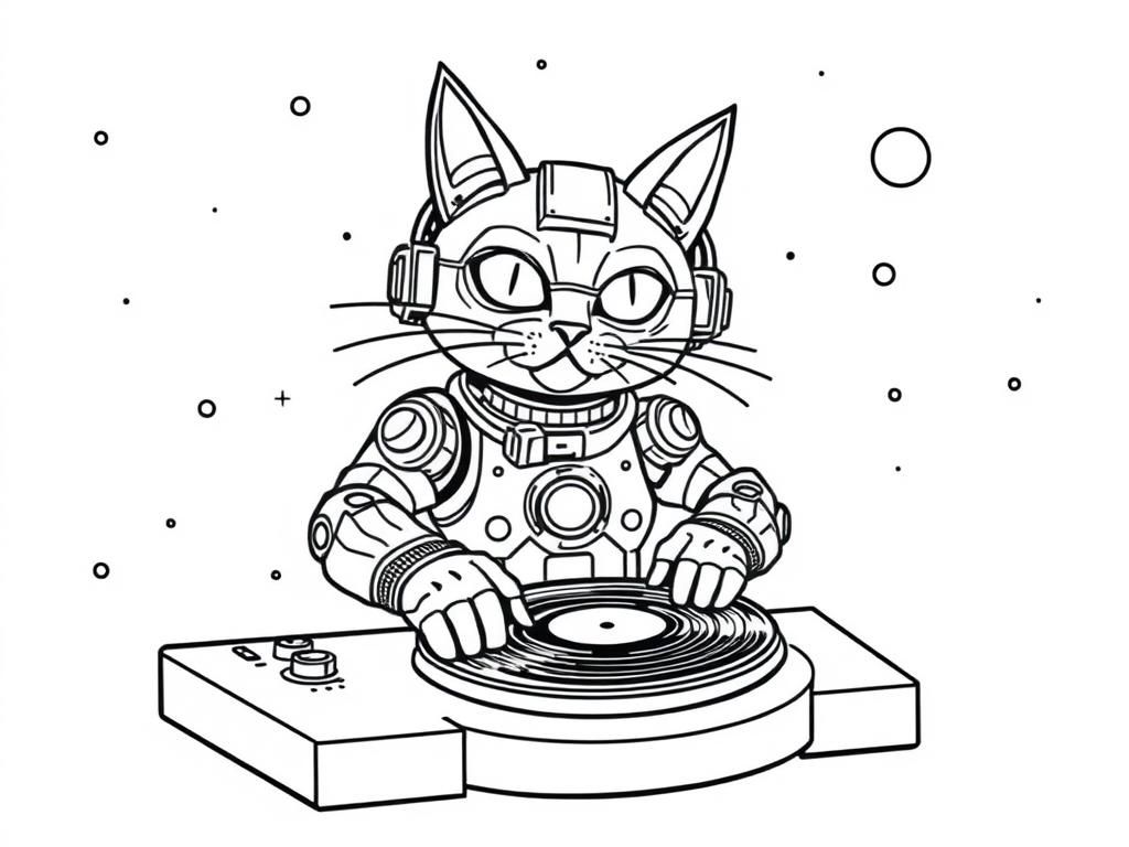 A cybernetic cat DJ spinning records at an intergalactic party. - Free Printable Coloring Page