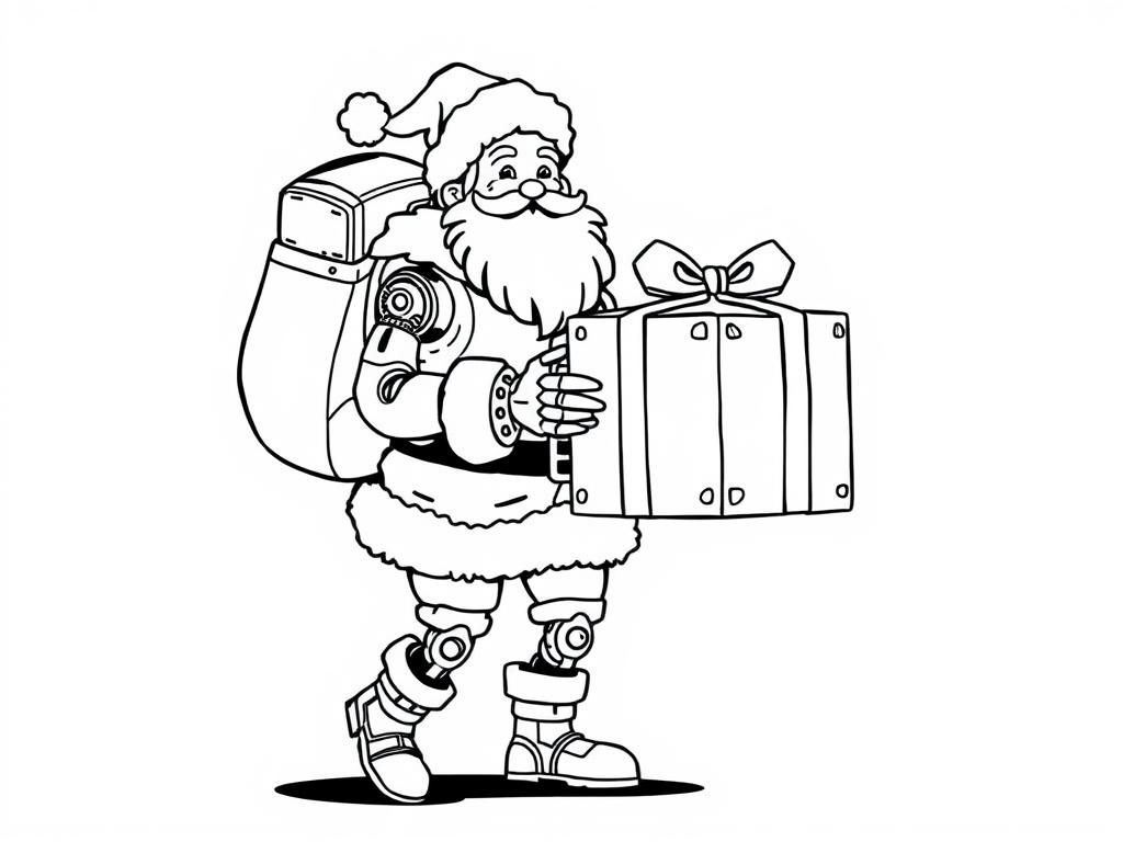 A cyborg Santa delivering a perfectly square gift - Free Printable Coloring Page