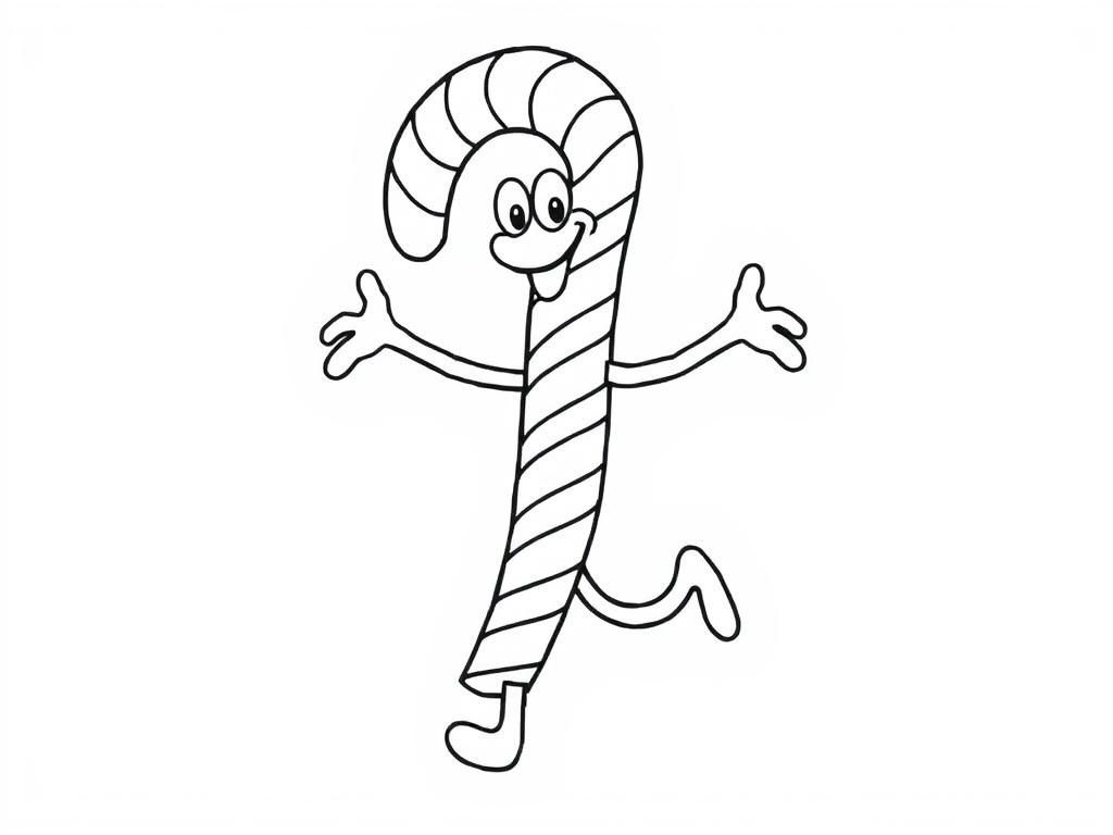 A dancing candy cane with s face, legs and arms