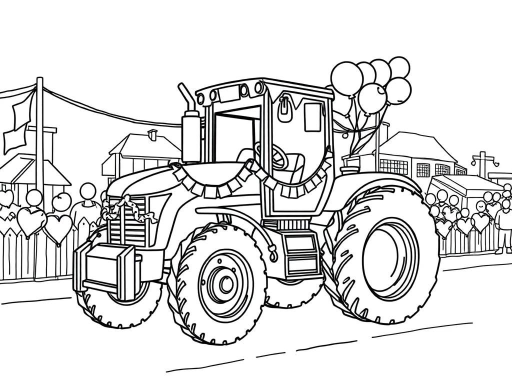 Preview of A decorated tractor leading a small-town parade, covered in banners and balloons