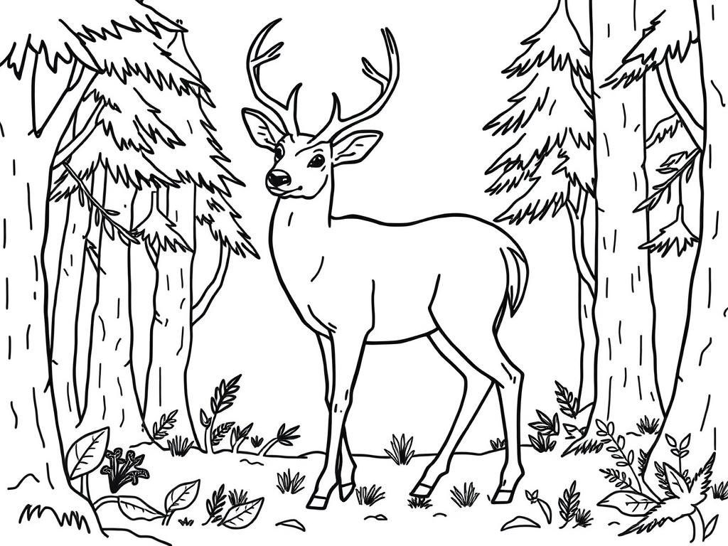 Coloring Page of a Deer in the Forest
