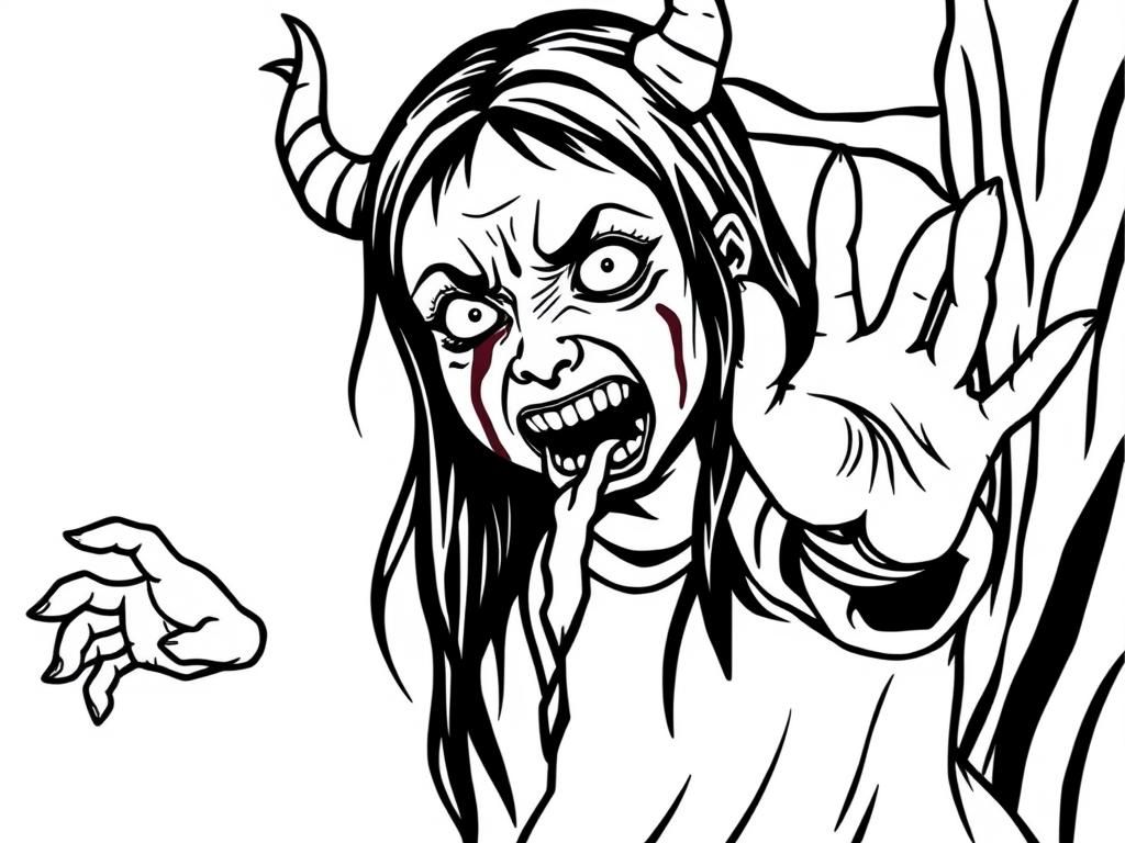 Preview of A demonic possessed girl, crying blood, reaching toward you