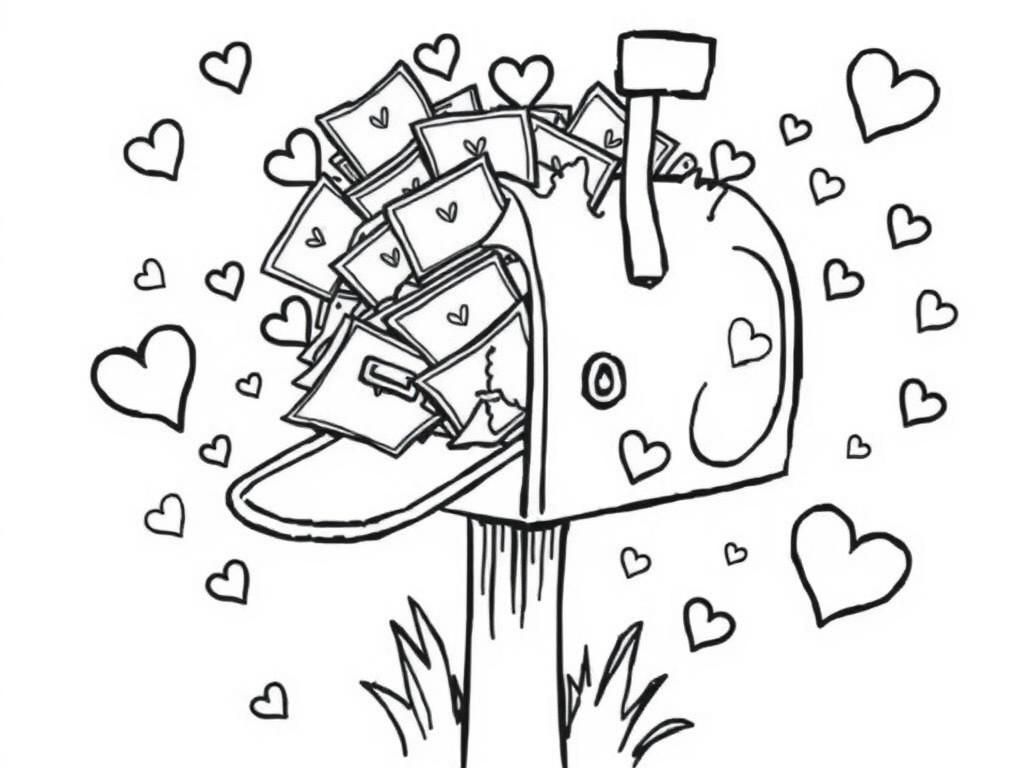 A detailed coloring page of a mailbox overflowing with love letters and tiny hearts floating around. - Valentines Day Coloring Page