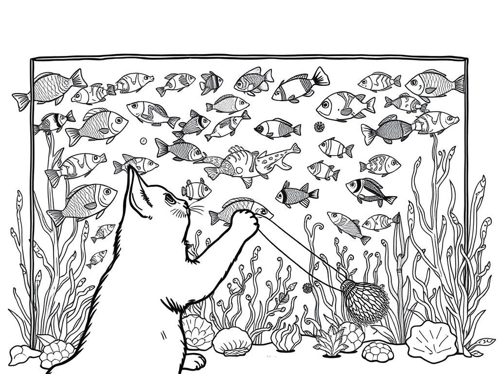 A detailed drawing of a cat pawing at a large aquarium filled with many different types of unique fish - Free Printable Coloring Page