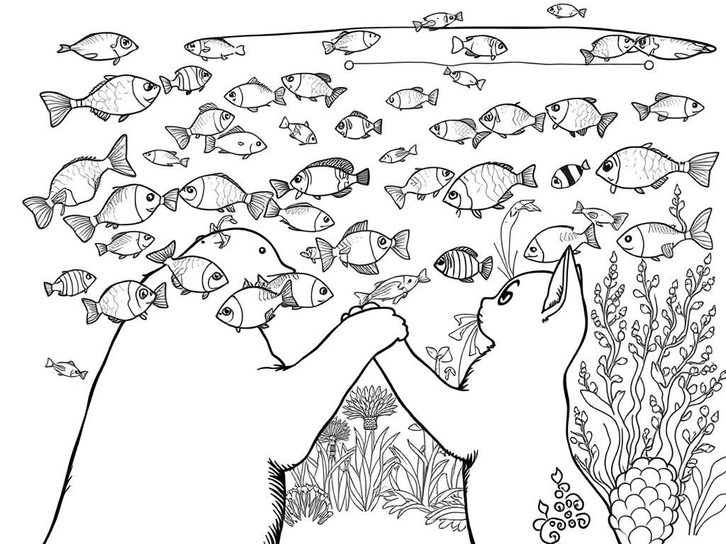 Coloring Page: Cat and Fish Underwater Adventure