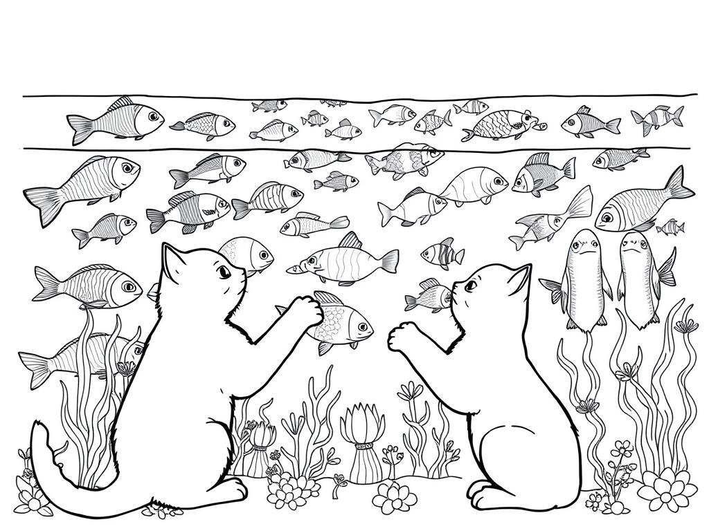 A detailed drawing of a cat pawing at a large aquarium filled with many different types of unique fish - Free Printable Coloring Page