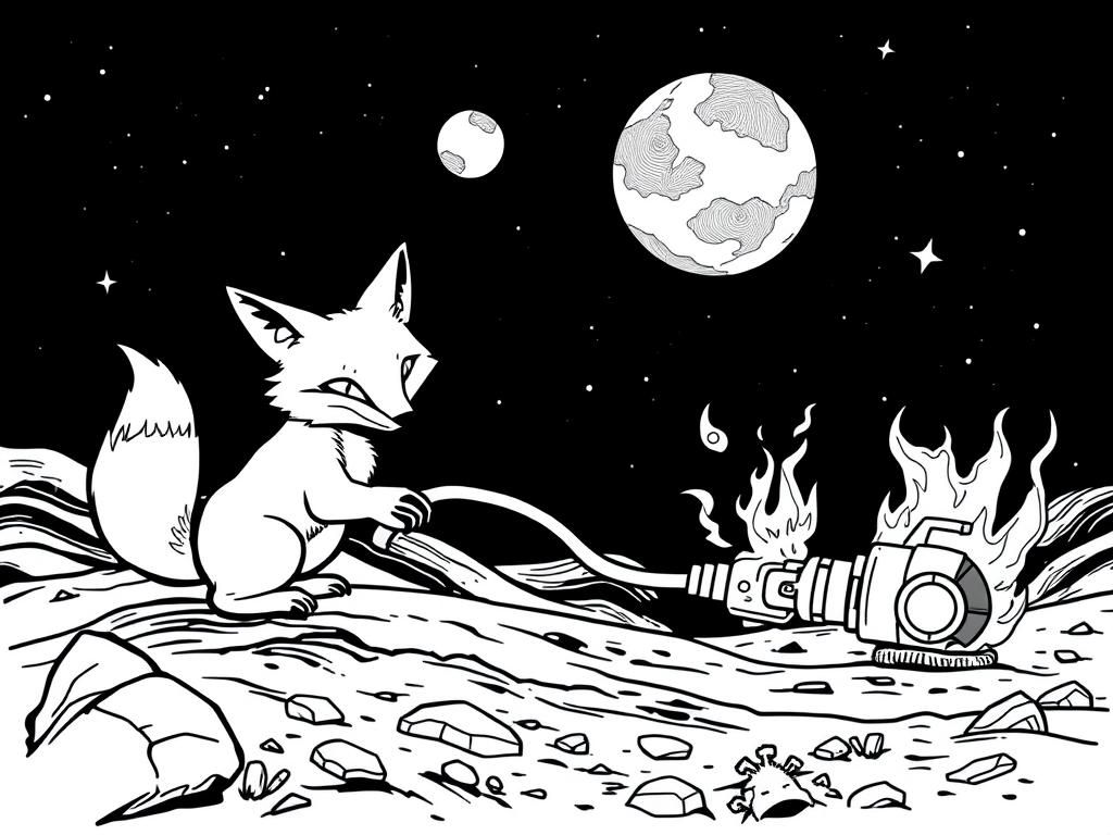 Preview of A detailed fox on mars in a night scene with a black sky chasing a scary flaming vacuum cleaner in the style of a woodcut