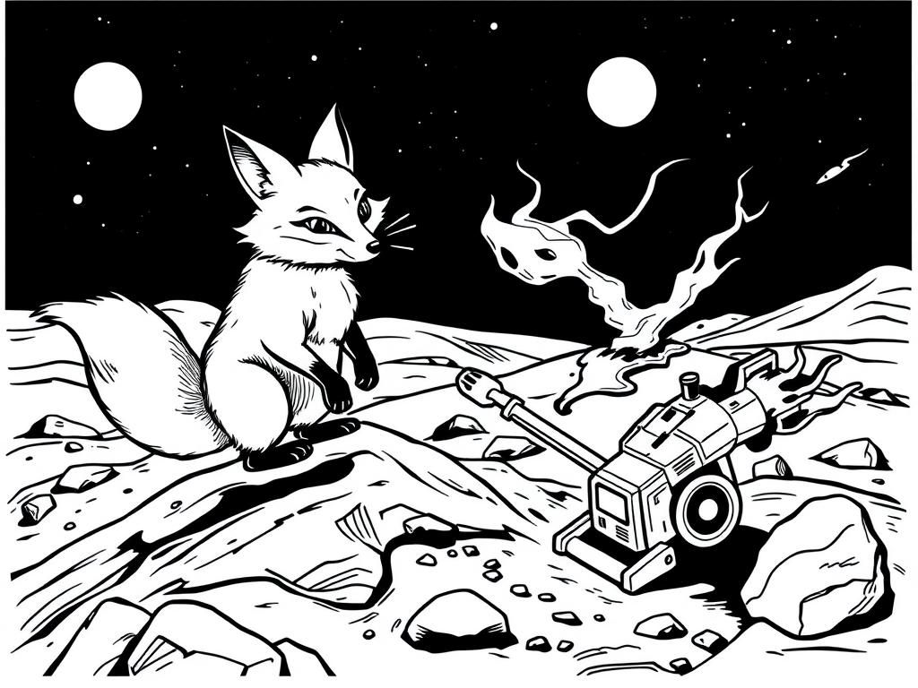 Preview of a detailed fox on mars in a night scene with a black sky chasing a scary flaming vacuum cleaner in the style of a woodcut