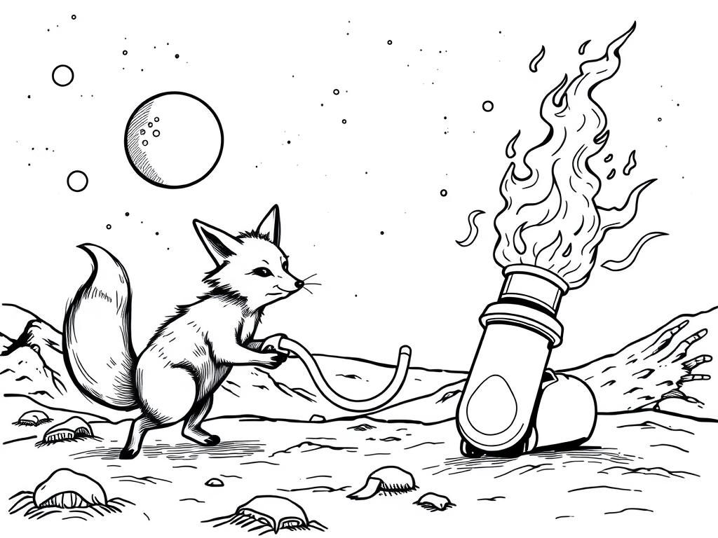 Preview of A detailed fox on mars in a night scene with a dark sky chasing a scary flaming vacuum cleaner in the style of a woodcut