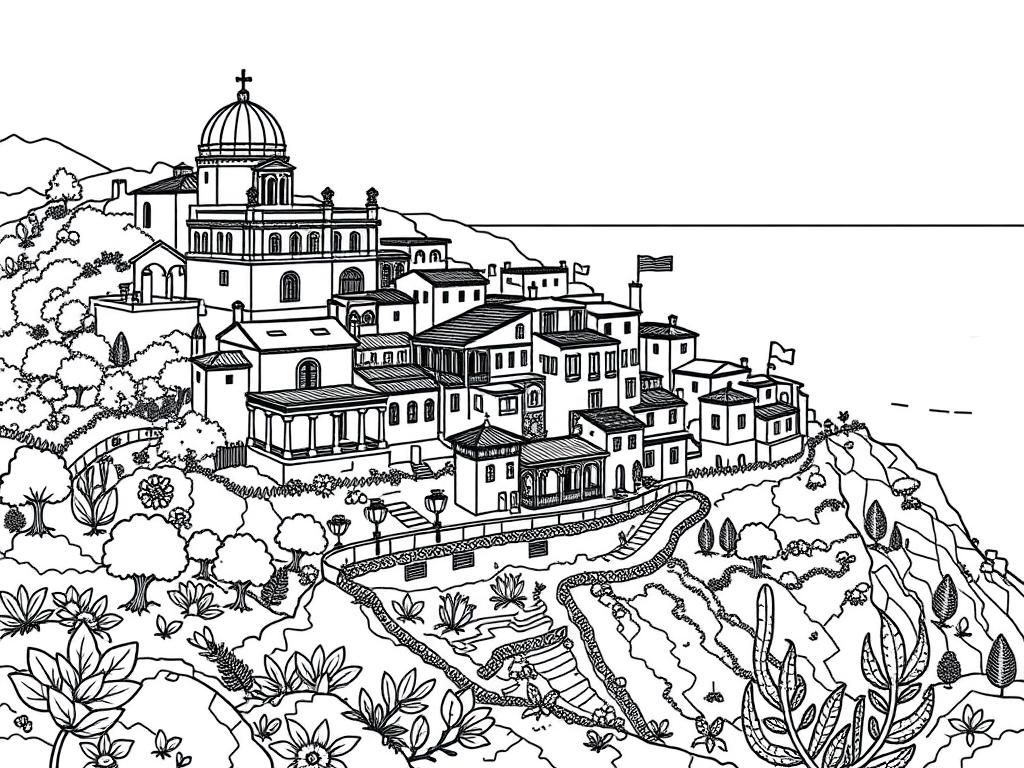 Preview of a detailed landscape with buildings with roman like architecture and a lot of nature and the ocean in the background