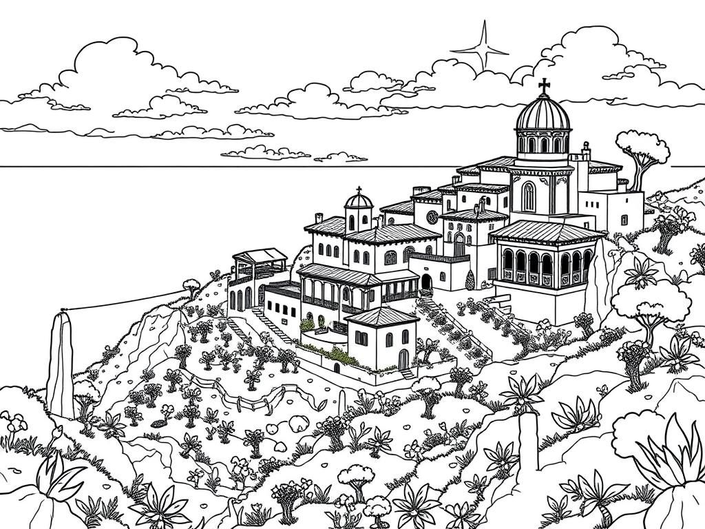 Preview of a detailed landscape with buildings with roman like architecture and a lot of nature and the ocean in the background