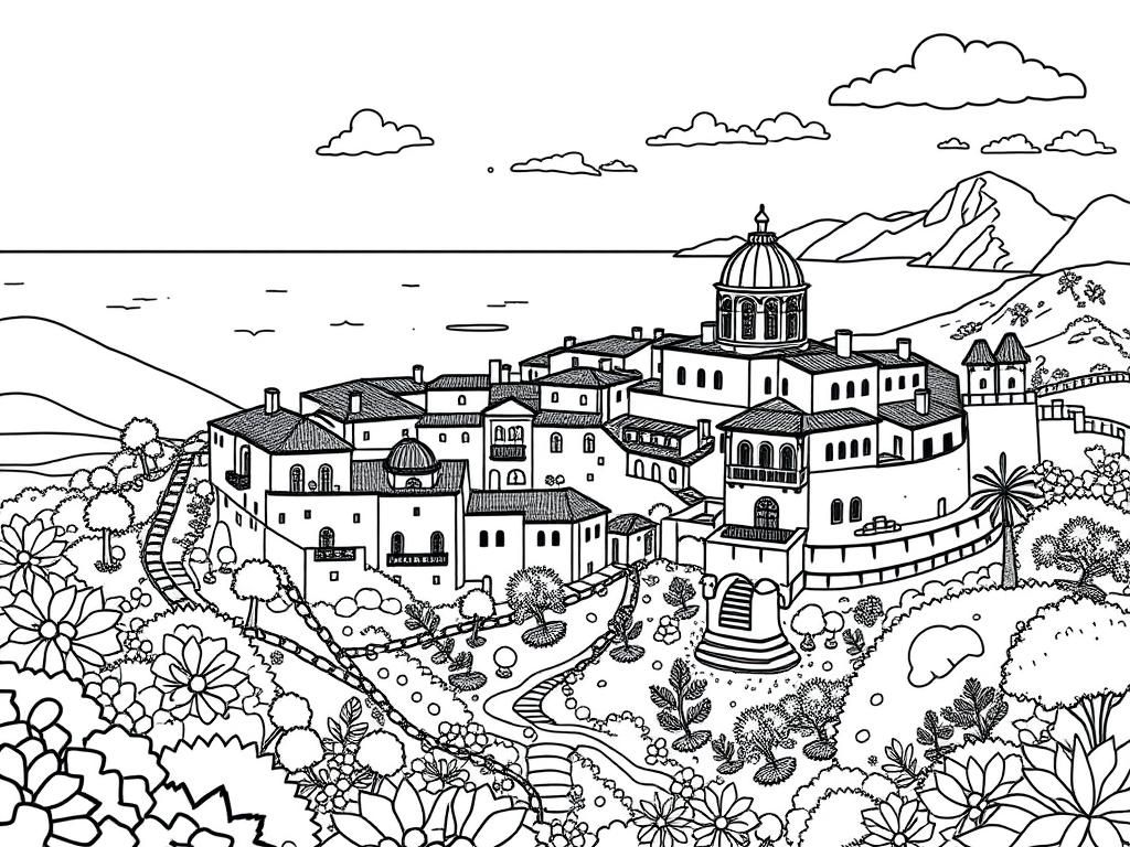 Preview of a detailed landscape with buildings with roman like architecture and a lot of nature and the ocean in the background