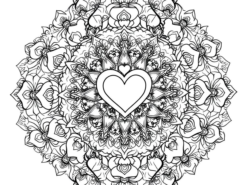 A detailed mandala filled with hearts, roses, and cupids, creating an intricate Valentines Day coloring page. - Valentines Day Coloring Page