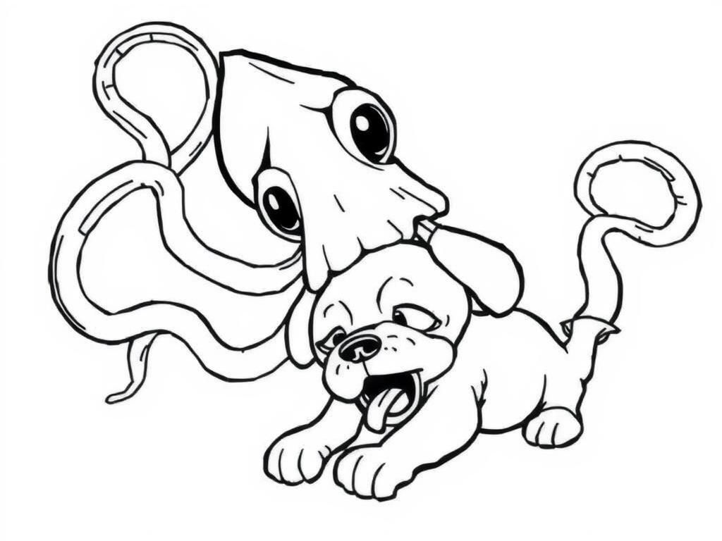 Preview of a detailed squid eating a frightened puppy