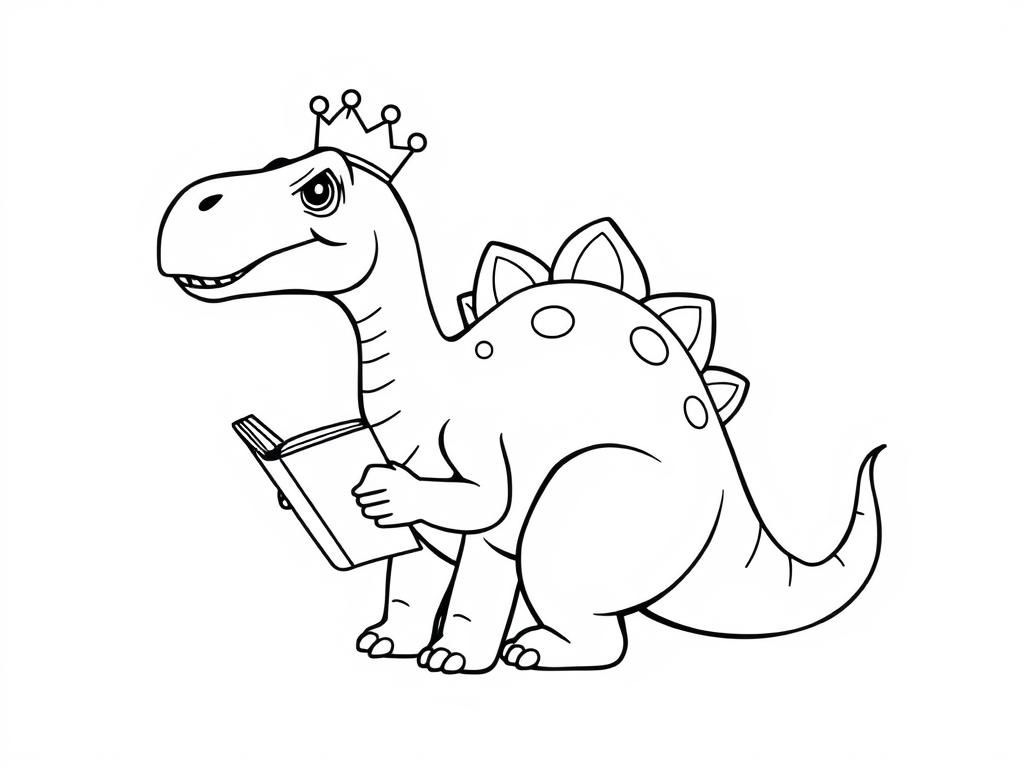 A dinasoure with large neck reading a book with a crown