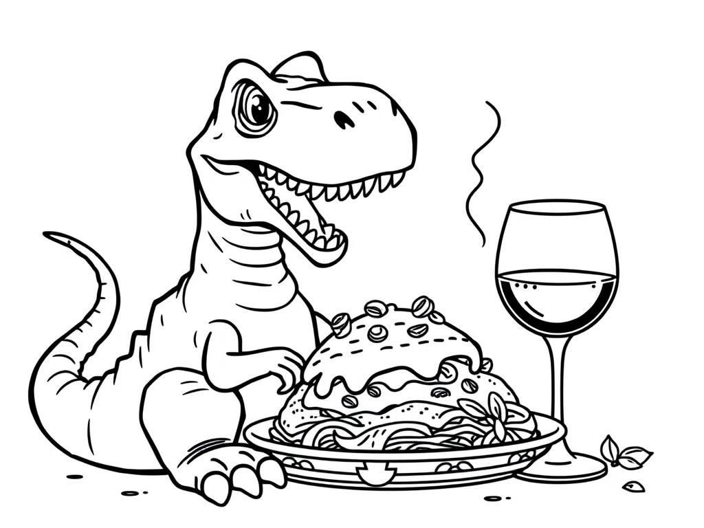 Preview of A dinosaur eating lasagna and drinking wine