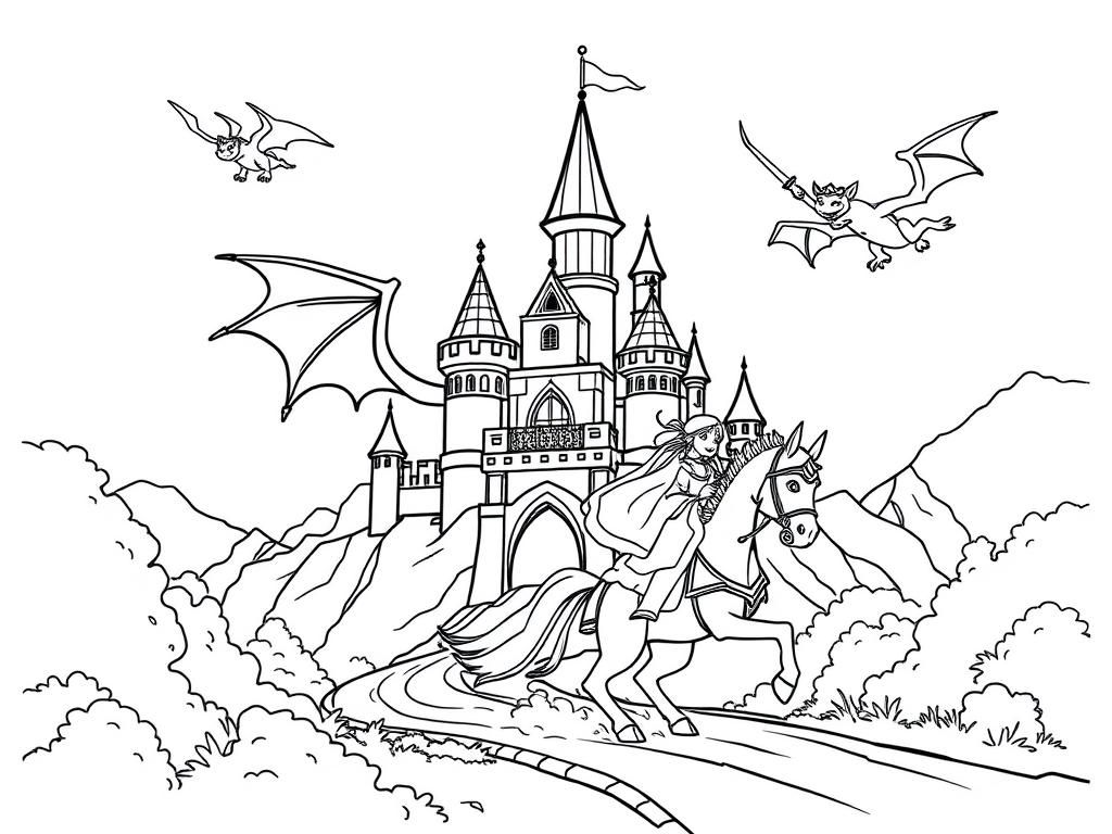 Preview of a disney type castle in the background, a dragon flying around, a knight and a princess on a horse trying to escape