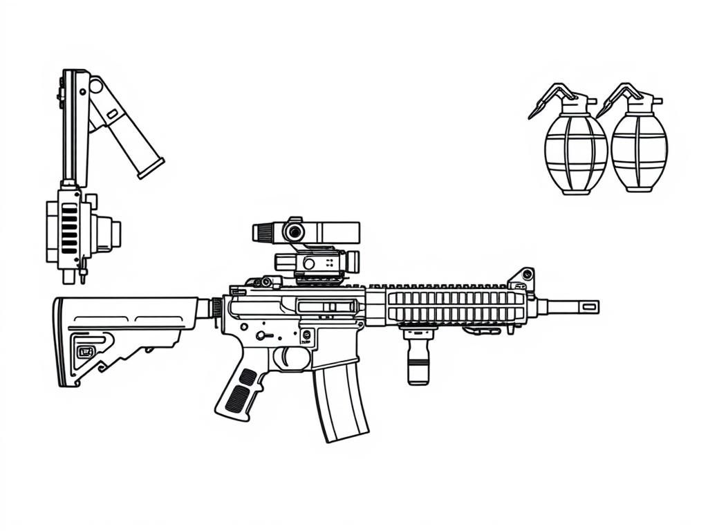 A displayed set of tactical gear including an AR15 with acog sight and laser, and F1 grenades