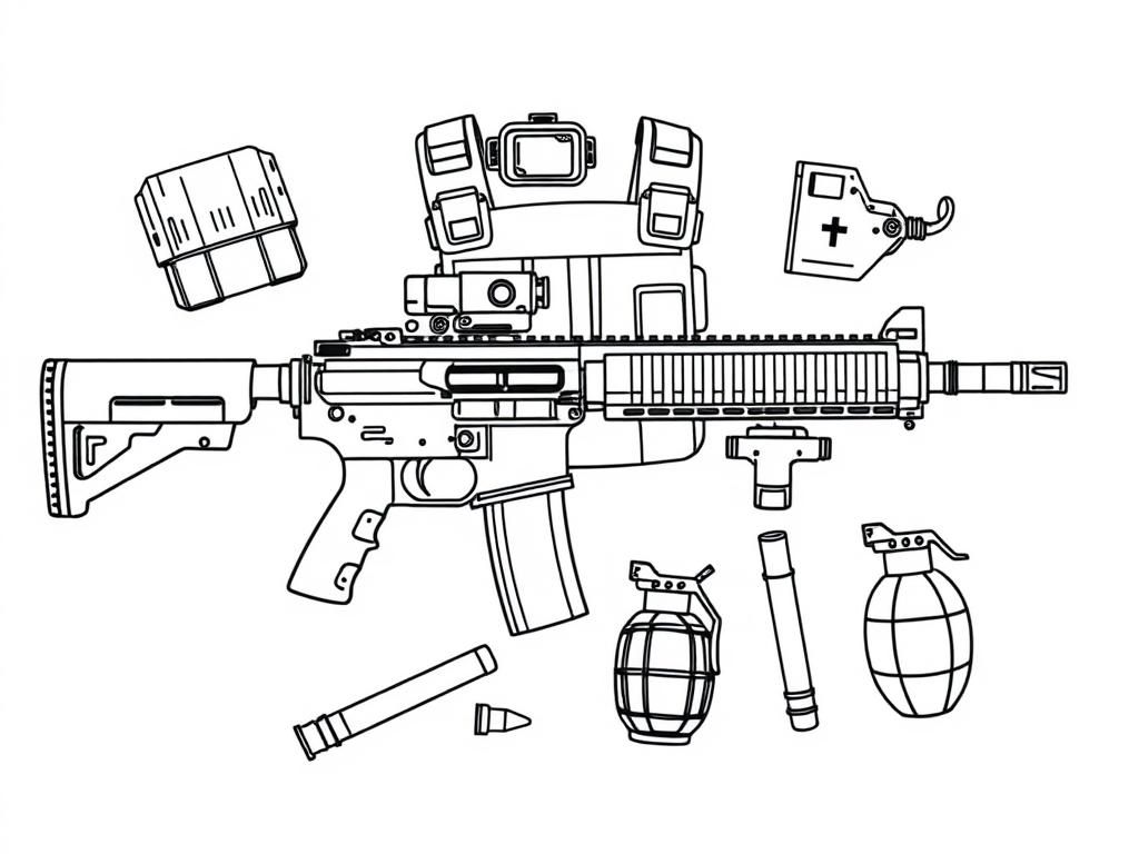 A displayed set of tactical gear including an AR15 with acog sight and laser, armour plates and vest, F1 grenades