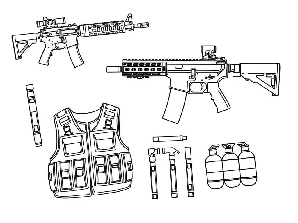 A displayed set of tactical gear including an AR15 with acog sight and laser, armour plates and vest, flashbangs and F1 grenades