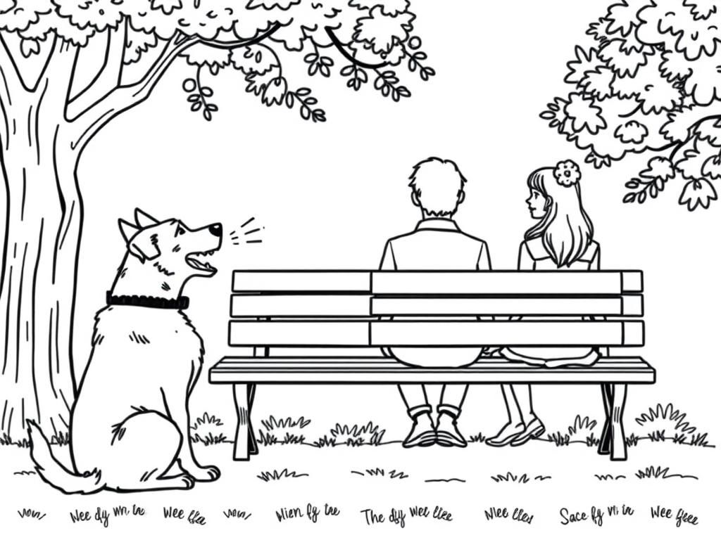 Preview of A dog is barking at a man and woman sitting on a park bench