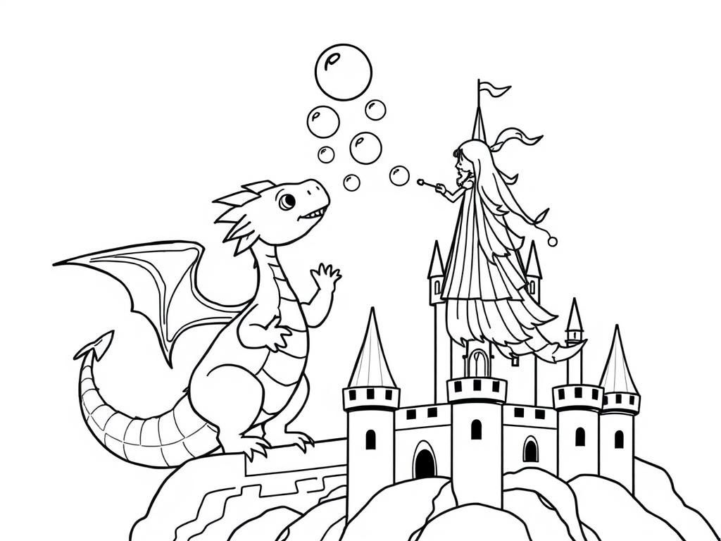 Preview of A dragon and a princess standing atop a castle blowing bubbles