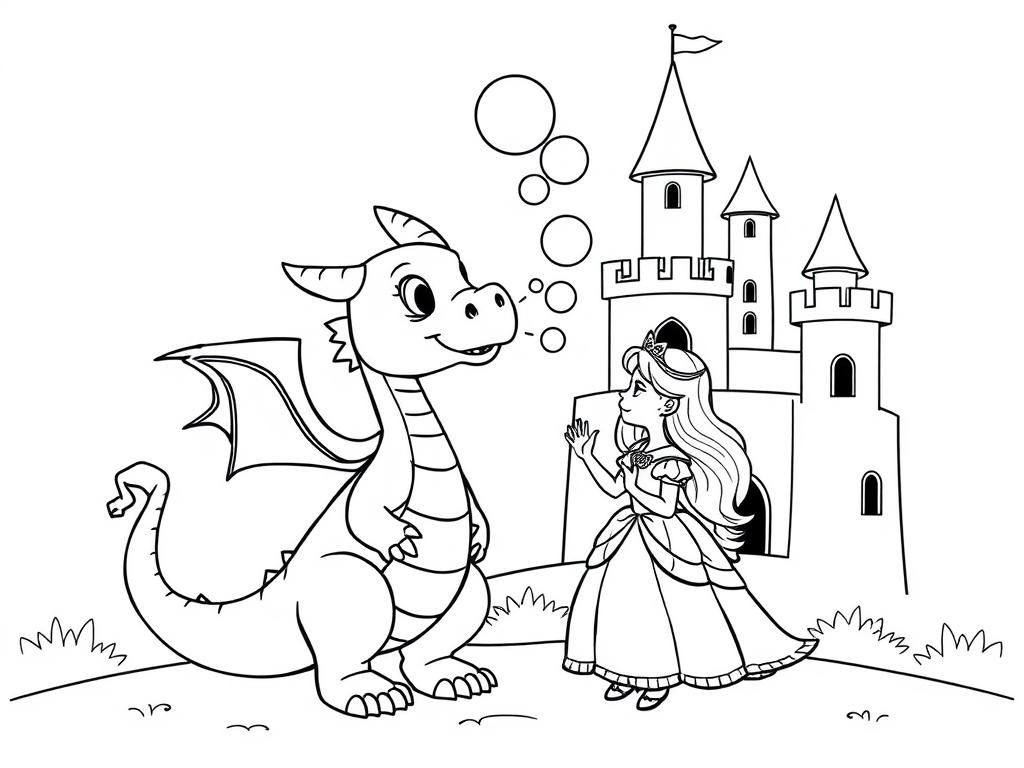 Preview of A dragon and a princess standing in a castle blowing bubbles