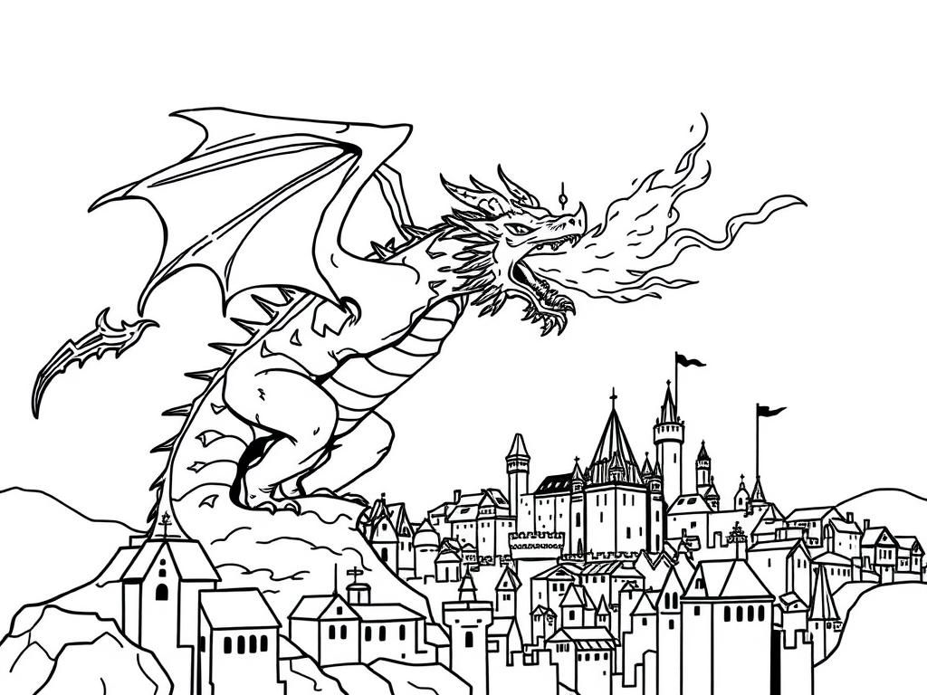 Dragon Over Medieval Town Coloring Page