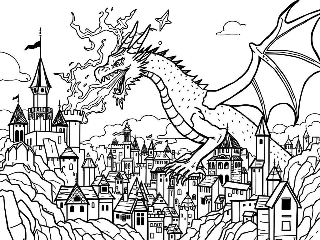 Medieval Dragon Over Castle Town Coloring Page