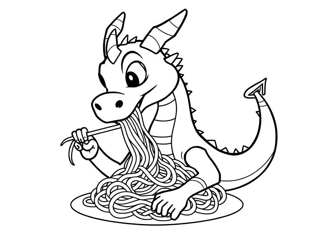 Cute Dragon Eating Spaghetti Coloring Page