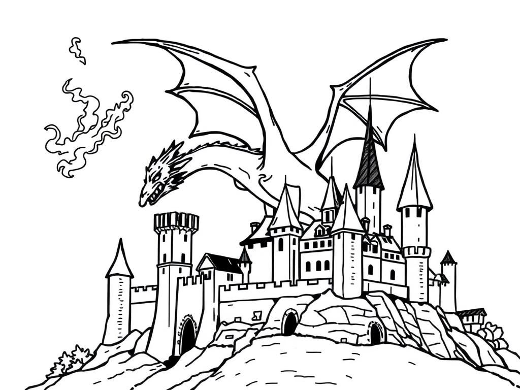 a dragon flying over a mediaeval castle, spewing fire