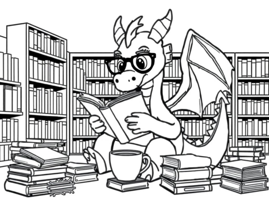 A dragon reading book, wearing glasses. He is sat in a library surrounded by piles of books on the floor and a cup of hot chocolate in front of him - Free Printable Coloring Page