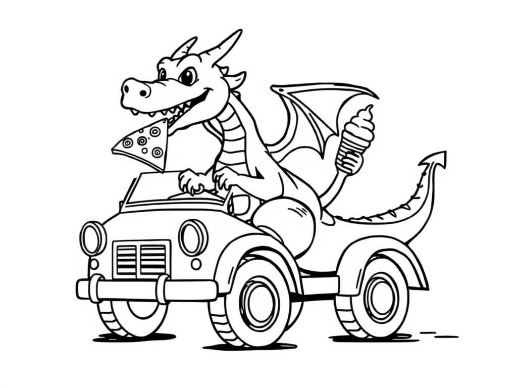 a dragon sitting on a 1965 vehicle eating pizza and ice cream - Free Printable Coloring Page